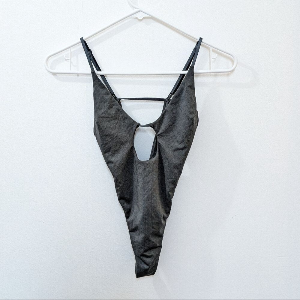 Out from Under side strappy high leg bodysuit, dark gray, women's Xtra Small